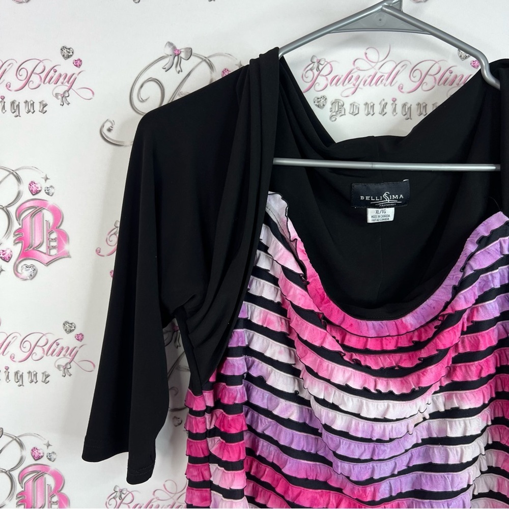 Bellissima long sleeve ruffle tiered ombrΓ© tie dye Black and Pink Striped Top - Picture 5 of 8